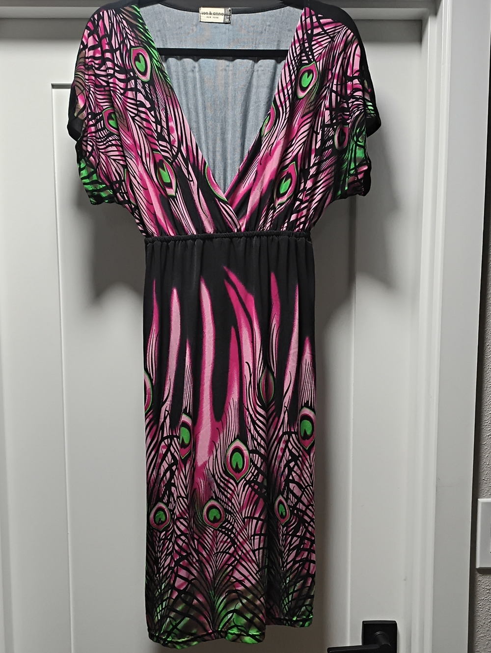 Jon & Anna Pink, Black and Green Peacock-Print V-Neck Dress
